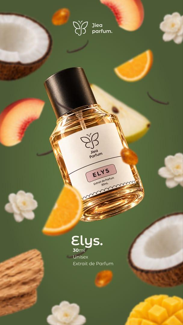 Elys 30ml Extrait de Parfum poster with the bottle surrounded by coconut, peach, orange, mango and jasmine