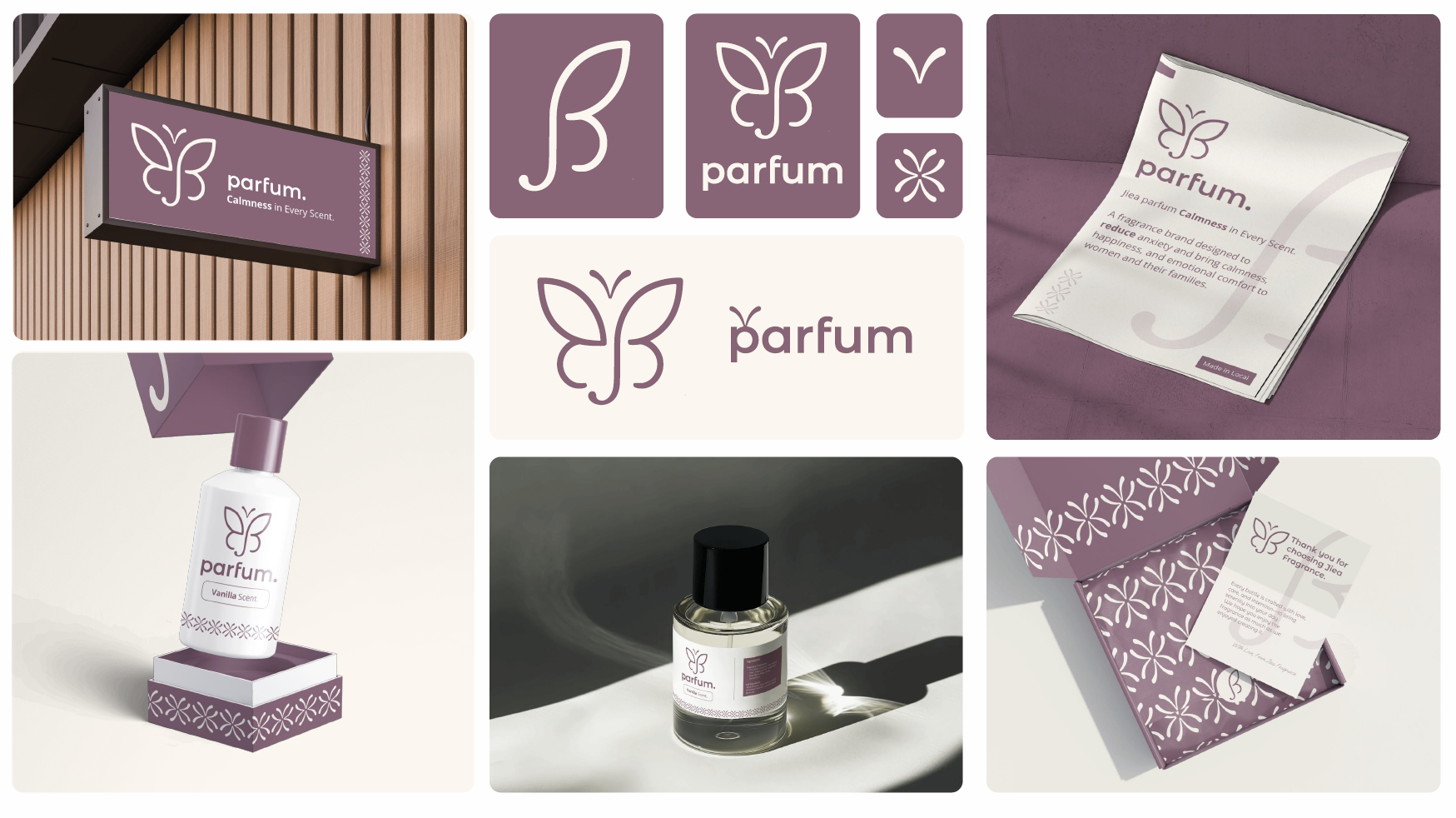 Jiea Parfum brand board showing the butterfly logo, parfum wordmark, shop sign, bottle, box and brochure